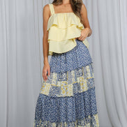 Patchwork Floral Print Bohemian-Inspired Maxi Skirt VS83203: Blue / M