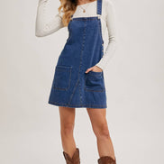 DENIM OVERALL MINI DRESS WITH POCKETS: MED.WASH / L