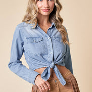 SIT3796A MED WASH WESTERN TIE FRONT BUTTON DOWN LT DENIM TOP