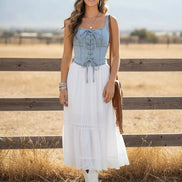 Lace-Up Corset Stretch Denim Top 2: Light Denim / L