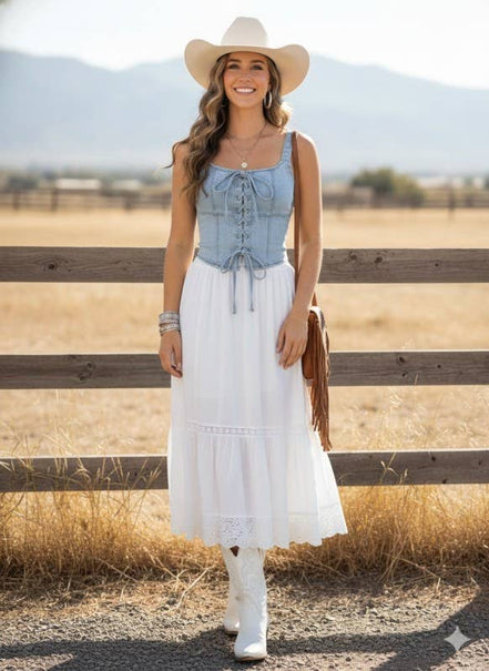 Lace-Up Corset Stretch Denim Top 2: Light Denim / M