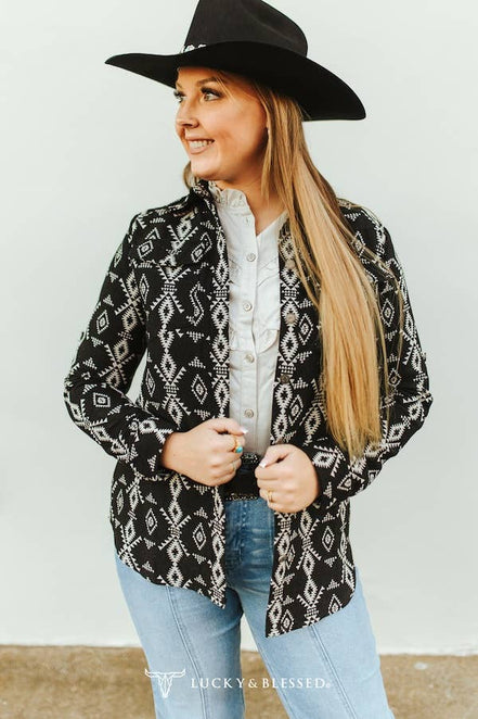 Black Aztec Jacquard Woven Long Sleeve Western Shirt