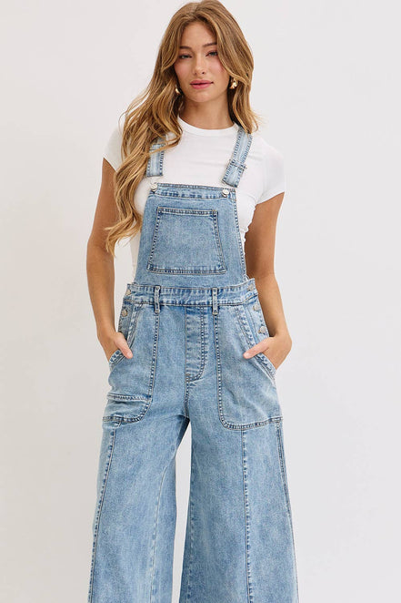 WIDE-LEG DENIM OVERALL JUMPSUIT: DENIM BLUE / Contemporary / L