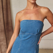 PD19530 Strapless Denim Tie Back Mini Dress