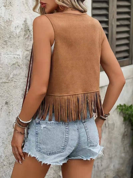 Rustic Western Fringe Open Front Vest