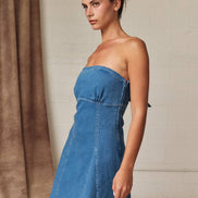 PD19530 Strapless Denim Tie Back Mini Dress