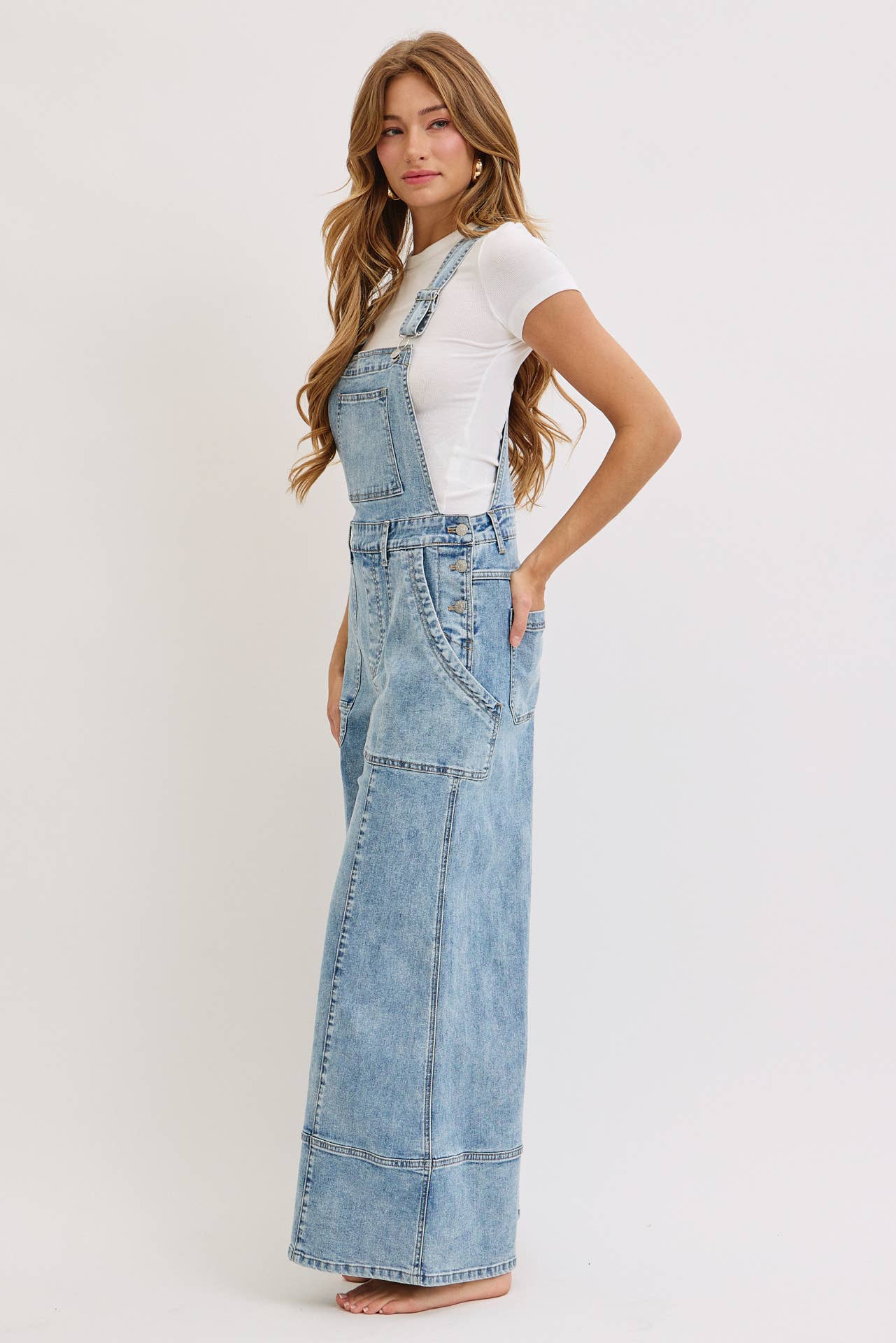 WIDE-LEG DENIM OVERALL JUMPSUIT: DENIM BLUE / Contemporary / L