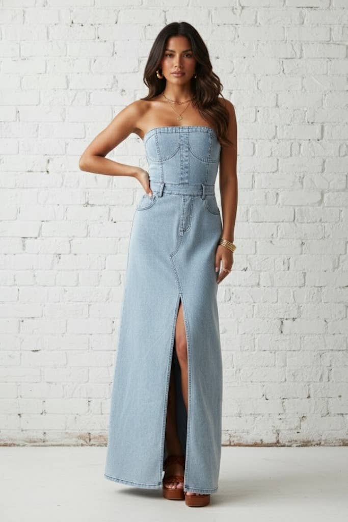 STRAPLESS DENIM MAXI DRESS 3135DIA DARK DEN