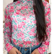 LDC Western Slim Fit Floral Mesh Long Sleeve Mock Neck Top
