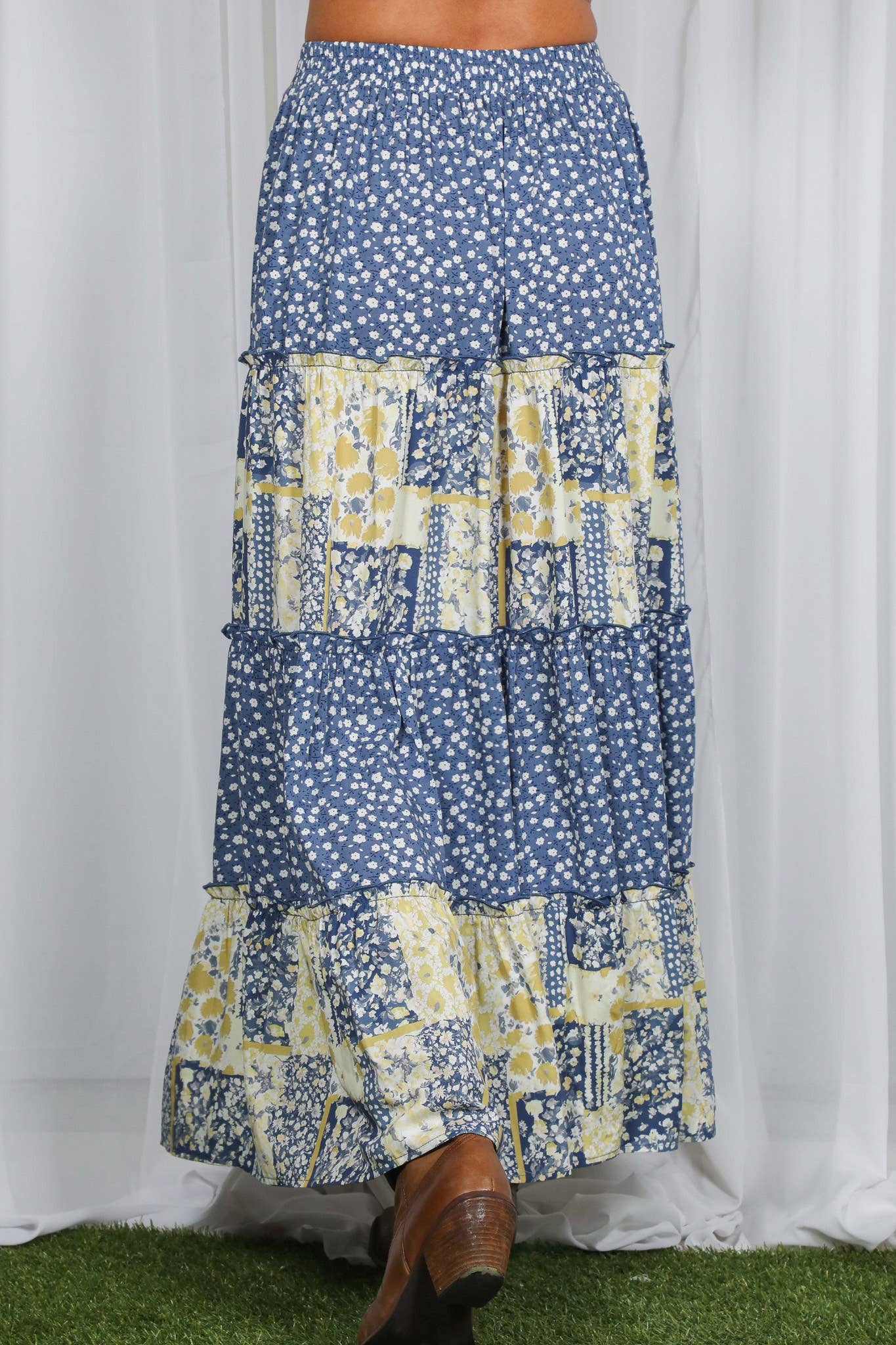 Patchwork Floral Print Bohemian-Inspired Maxi Skirt VS83203: Blue / M
