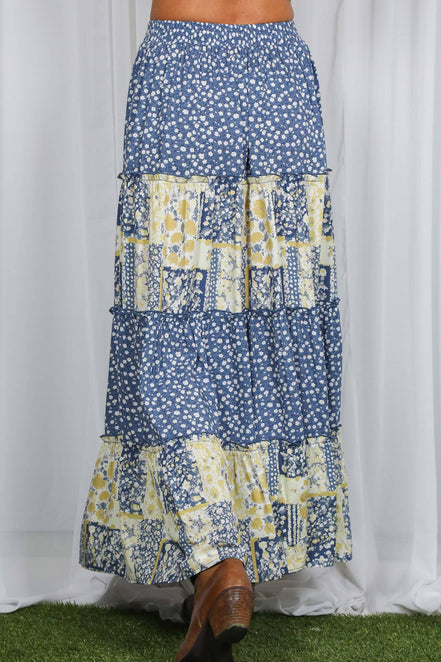 Patchwork Floral Print Bohemian-Inspired Maxi Skirt VS83203: Blue / S