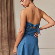PD19530 Strapless Denim Tie Back Mini Dress
