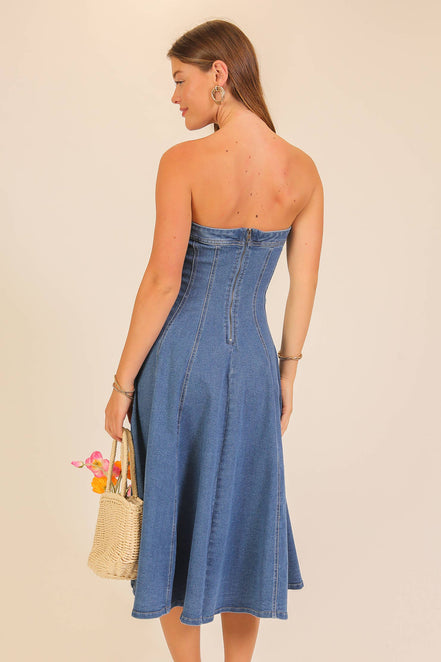 Strapless Stretch Denim Midi Dress: Mocha / L