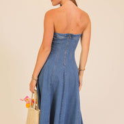 Strapless Stretch Denim Midi Dress: Medium Denim / M
