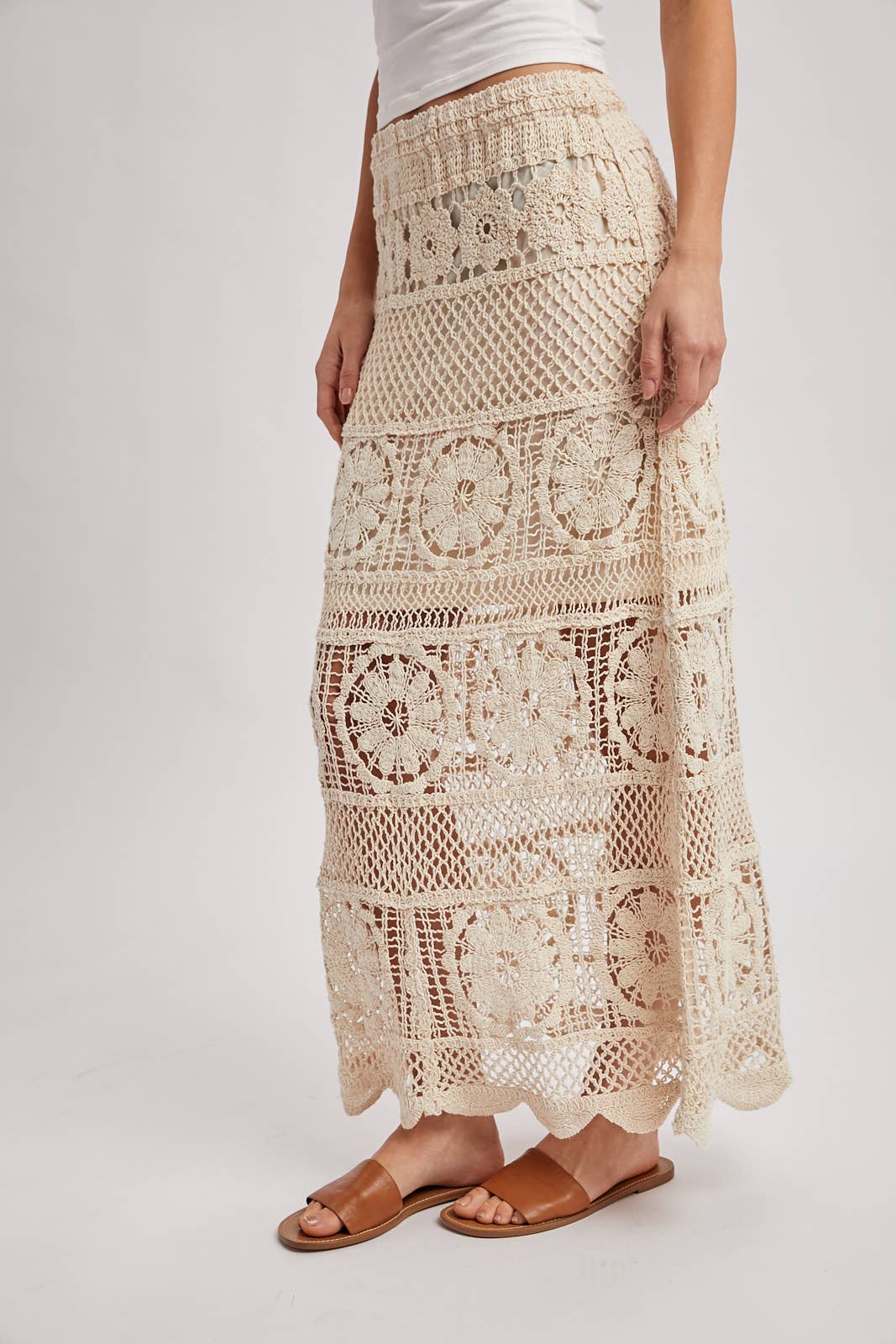 SHEER CROCHET KNIT MIDI SKIRT WITH LINING: NATURAL / S