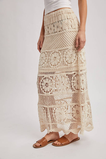 SHEER CROCHET KNIT MIDI SKIRT WITH LINING: NATURAL / L