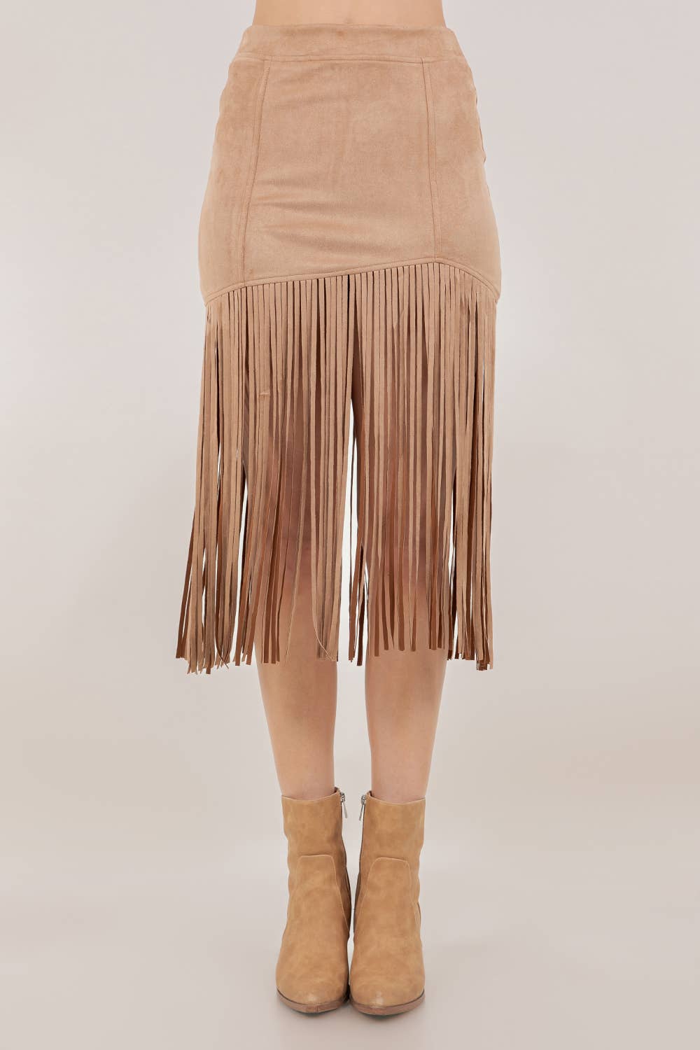 SIS1231A TAN FRINGED FAUX SUEDE SKIRT