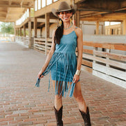Teal Western Fringe Sleeveless Mini Dress