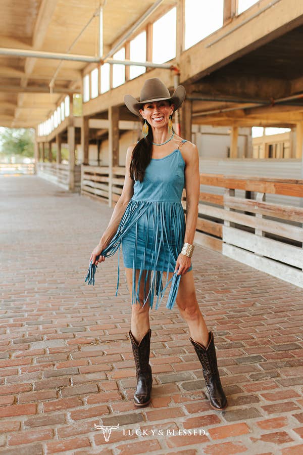 Teal Western Fringe Sleeveless Mini Dress