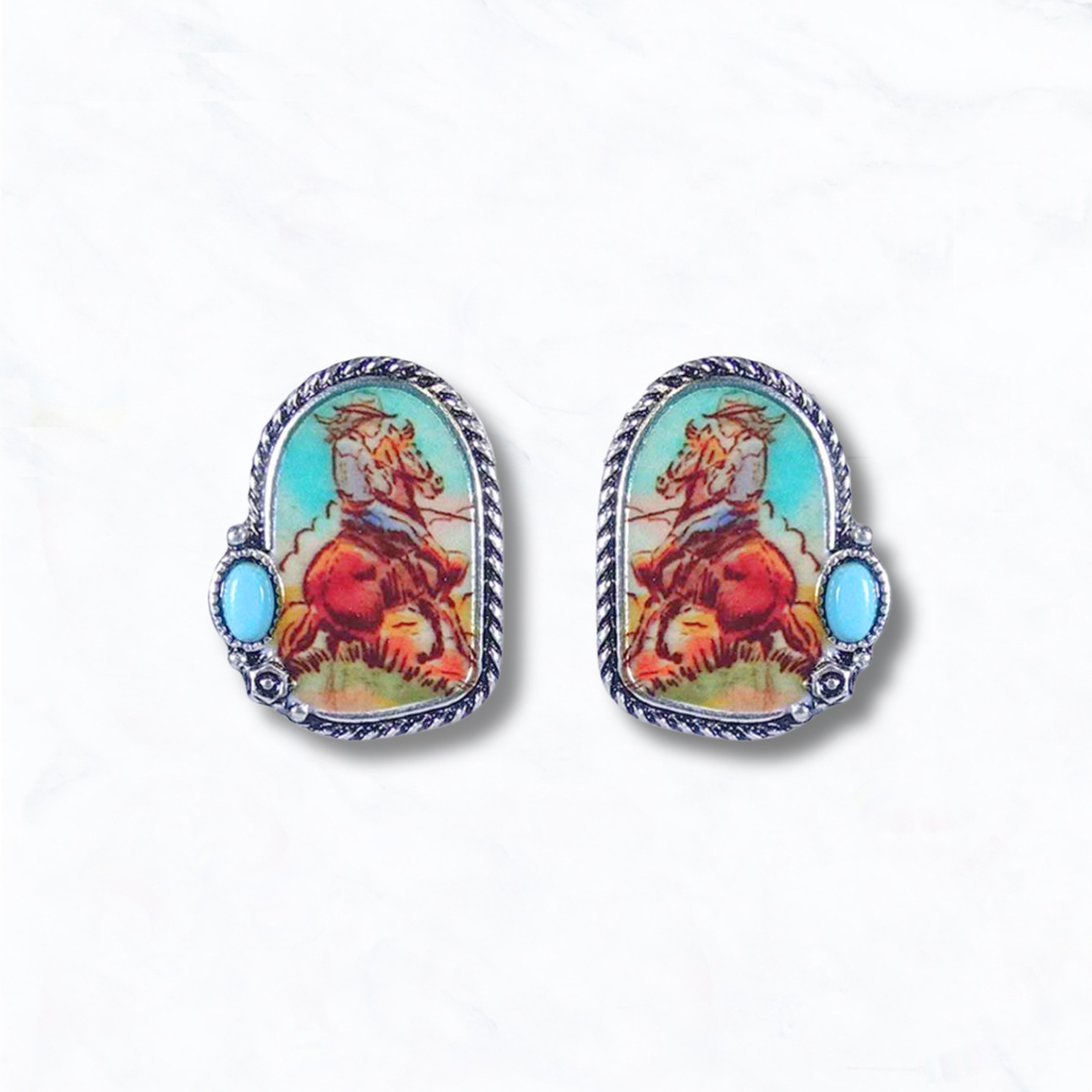 Western Cowgirl & Horse Portrait Stud Earrings