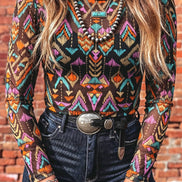 LDC Western Abstract Mock Neck Long Sleeve Sheath Blouse