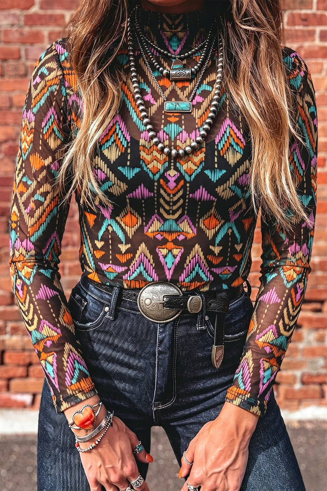 LDC Western Abstract Mock Neck Long Sleeve Sheath Blouse