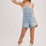 BOW-TIE DENIM OVERALL SHORTS: MED.WASH / S