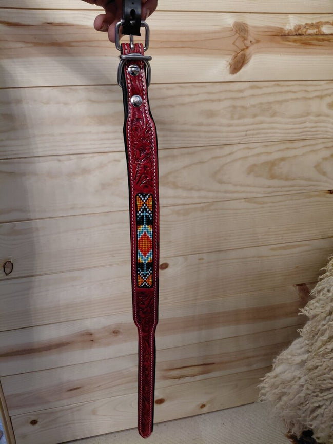 Westrian Red Beaded Leather Pet Collar