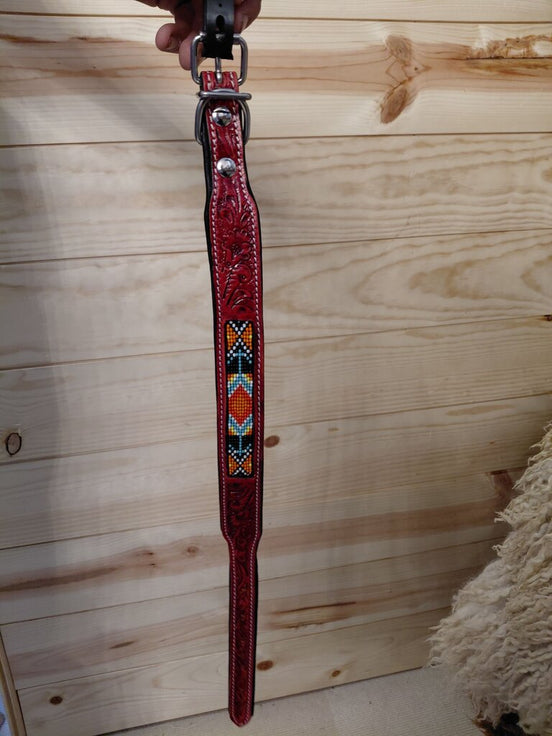 Westrian Red Beaded Leather Pet Collar