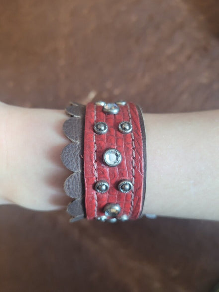 Red and Brown Leather Studded Bracelet