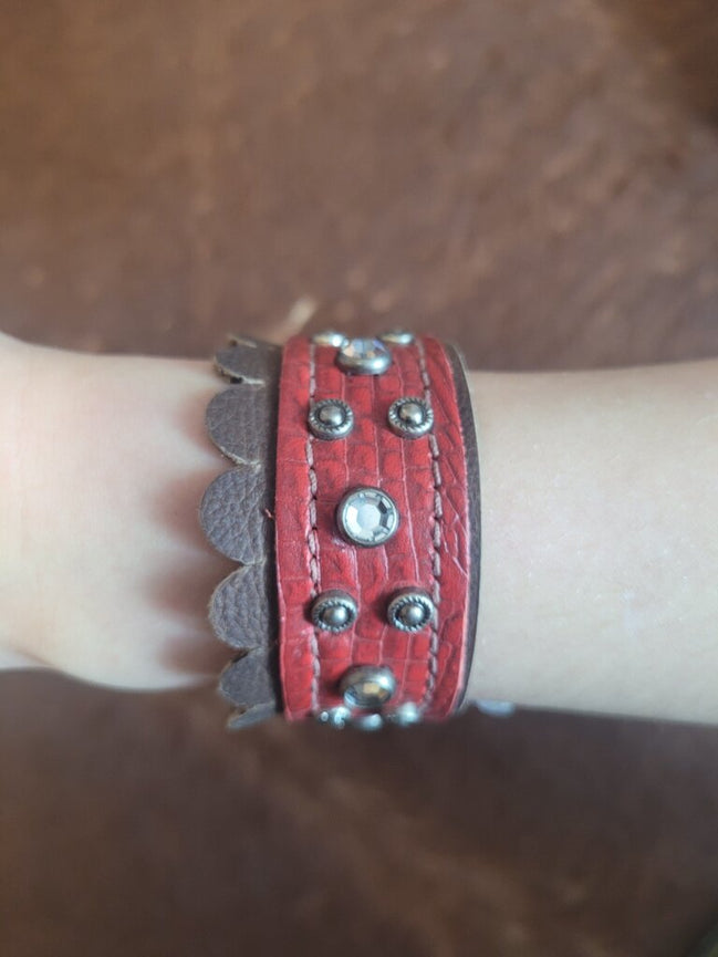 Red and Brown Leather Studded Bracelet