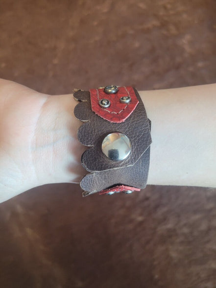 Red and Brown Leather Studded Bracelet