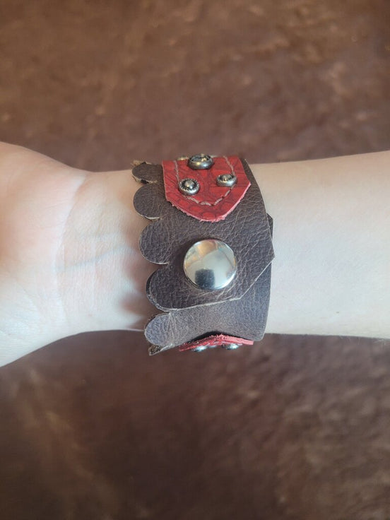 Red and Brown Leather Studded Bracelet
