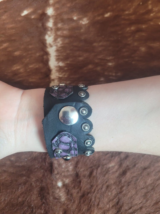 Black and Purple Leather Bracelet with Stud Accents