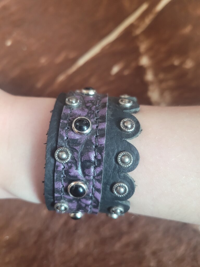 Black and Purple Leather Bracelet with Stud Accents