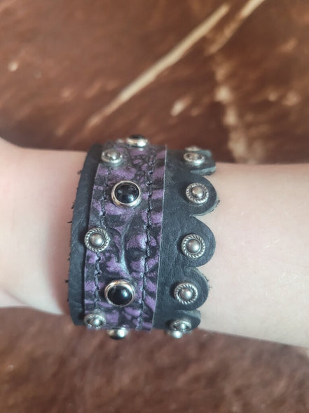 Black and Purple Leather Bracelet with Stud Accents