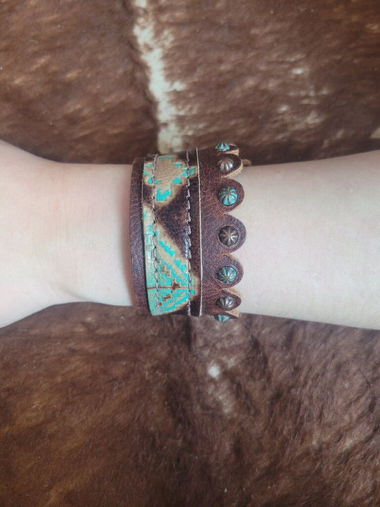 Brown and Turquoise Leather Cuff Bracelet