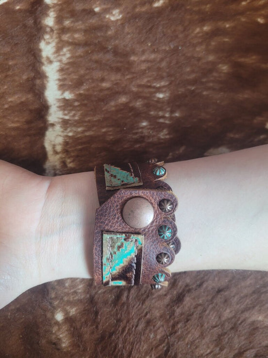 Brown and Turquoise Leather Cuff Bracelet