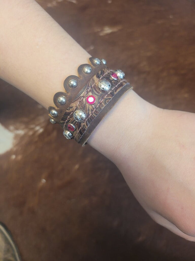Western Style Leather Bracelet with Silver Accents