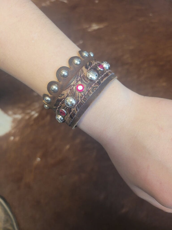 Western Style Leather Bracelet with Silver Accents