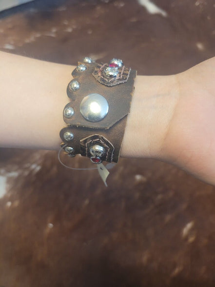 Western Style Leather Bracelet with Silver Accents