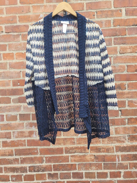 Alfred Dunner Women's Striped Crochet Cardigan