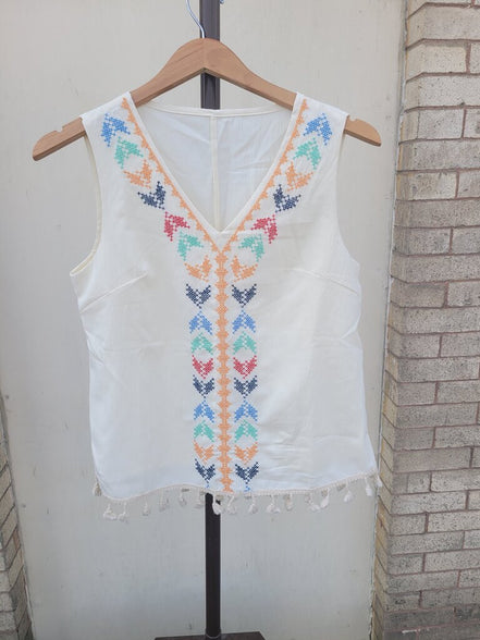 Embroidered Sleeveless Top with Tassels
