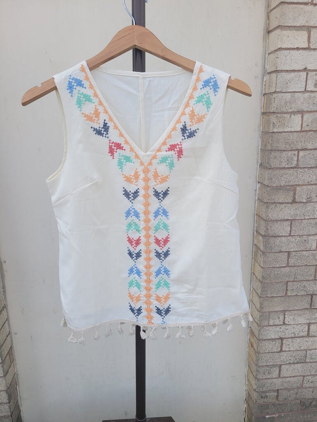 Embroidered Sleeveless Top with Tassels