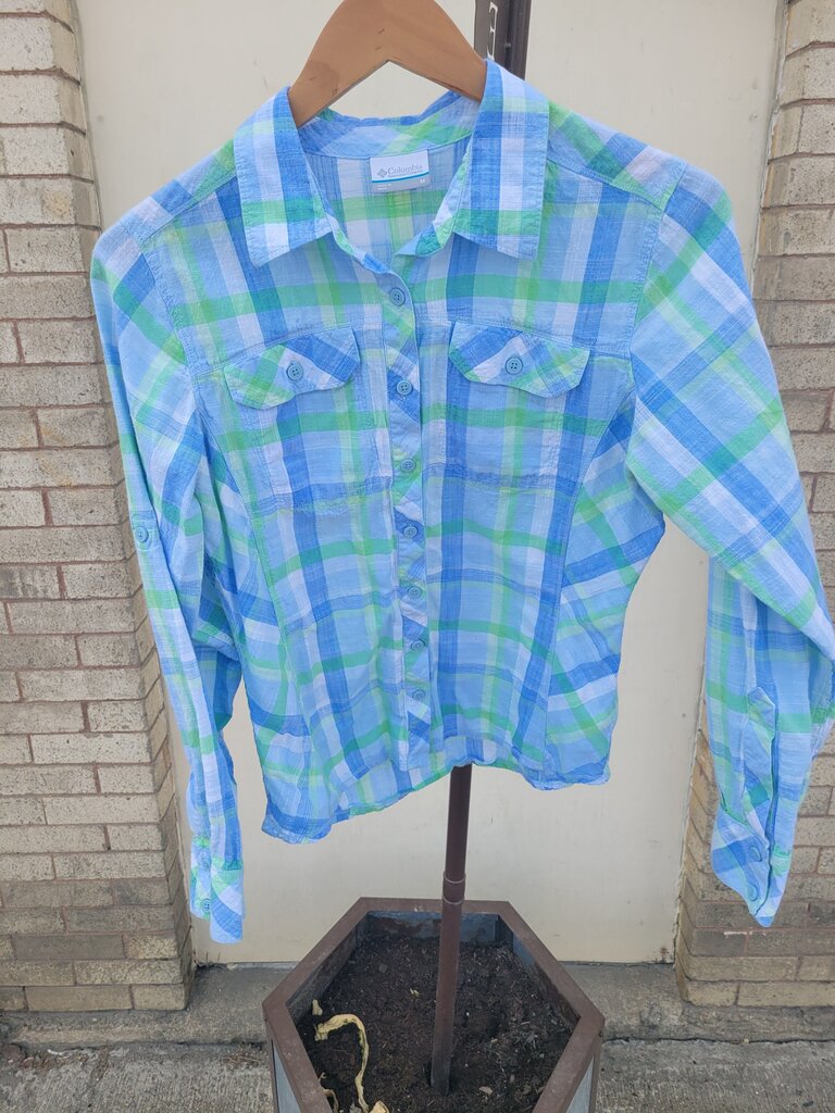Columbia Green and Blue Plaid Button-Up Shirt
