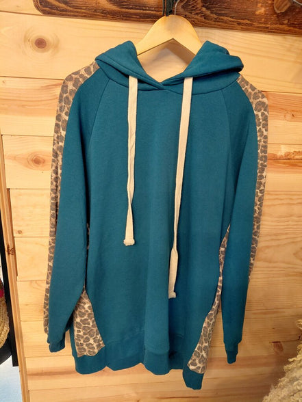 Teal Hoodie with Leopard Print Sleeves