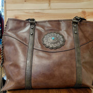 Brown Leather Tote Bag with Decorative Medallion