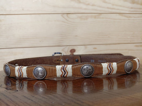 Brown Leather Western Belt with Decorative Silver Conchos