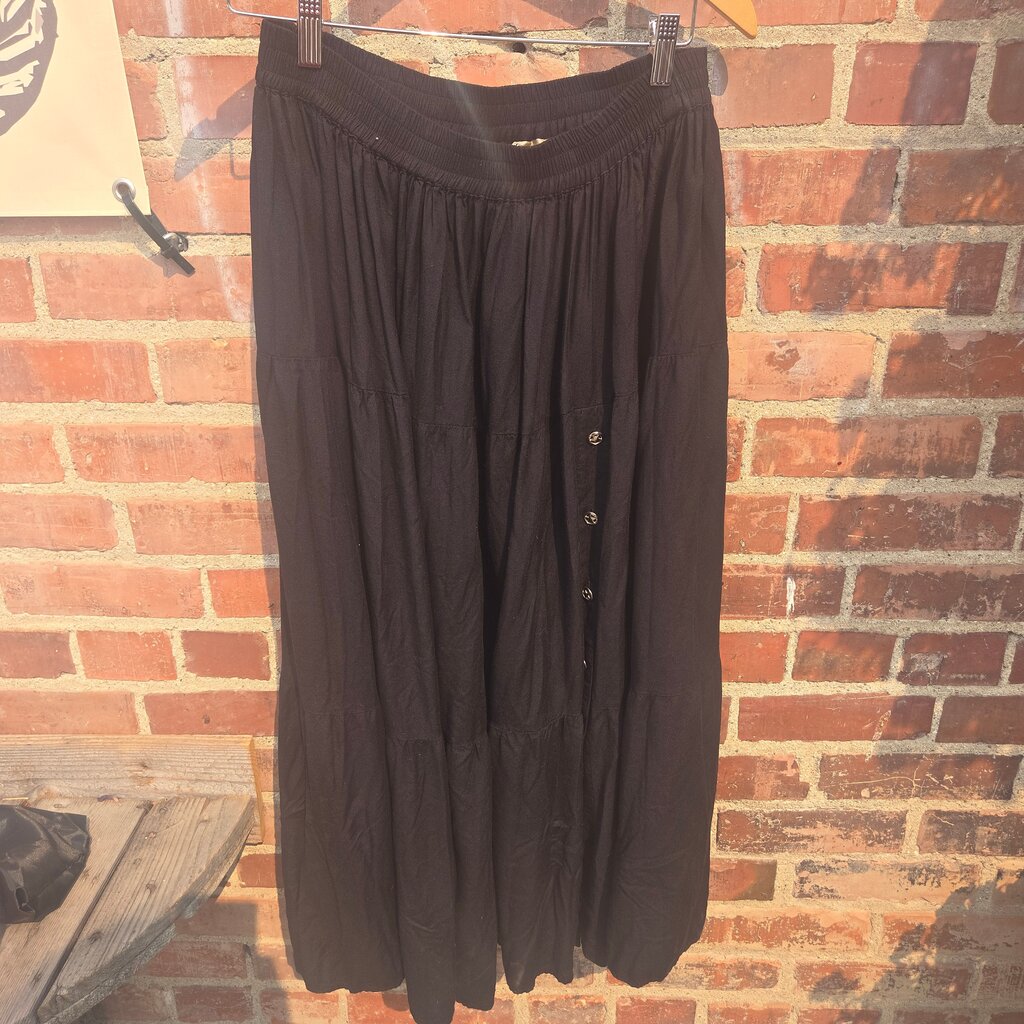 Black Rayon Maxi Skirt with Button Detail