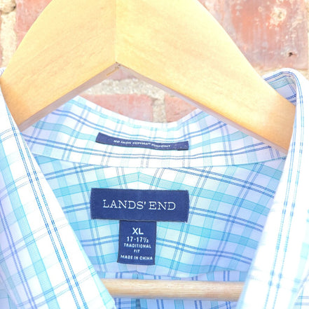 Lands' End Men's Blue Plaid Button-Up Shirt